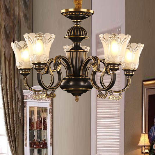 Metal Starburst Pendant Lighting Traditional 5 Lights Dining Room Chandelier in Black and Gold with Flower Frosted Glass Shade Clearhalo 'Ceiling Lights' 'Chandeliers' 'Glass shade' 'Glass' Lighting' 315829