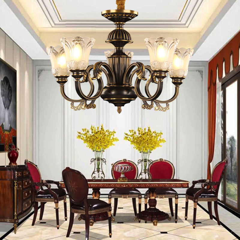 Metal Starburst Pendant Lighting Traditional 5 Lights Dining Room Chandelier in Black and Gold with Flower Frosted Glass Shade Clearhalo 'Ceiling Lights' 'Chandeliers' 'Glass shade' 'Glass' Lighting' 315830