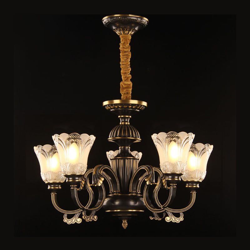 Metal Starburst Pendant Lighting Traditional 5 Lights Dining Room Chandelier in Black and Gold with Flower Frosted Glass Shade Clearhalo 'Ceiling Lights' 'Chandeliers' 'Glass shade' 'Glass' Lighting' 315831