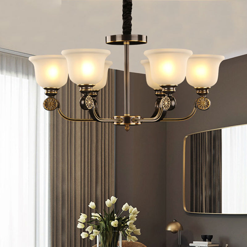 Black and Gold 6 Bulbs Ceiling Chandelier Traditionalism Sandblasted Glass Bell Hanging Pendant Lamp Black-Gold Clearhalo 'Ceiling Lights' 'Chandeliers' 'Glass shade' 'Glass' Lighting' 315832