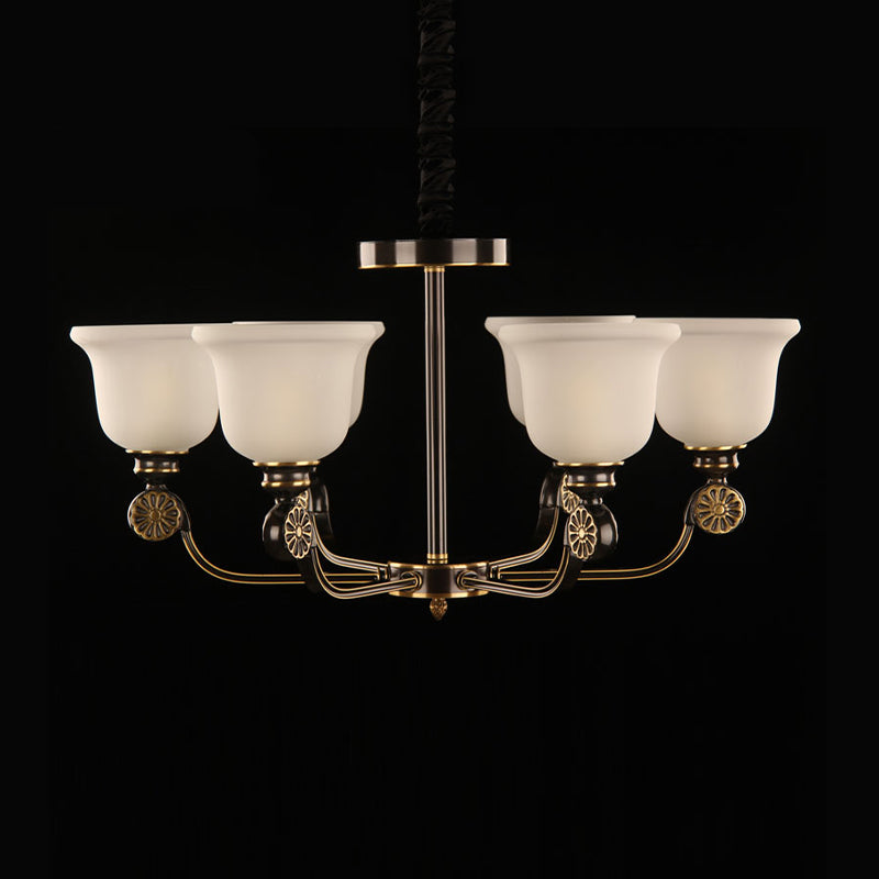 Black and Gold 6 Bulbs Ceiling Chandelier Traditionalism Sandblasted Glass Bell Hanging Pendant Lamp Clearhalo 'Ceiling Lights' 'Chandeliers' 'Glass shade' 'Glass' Lighting' 315835