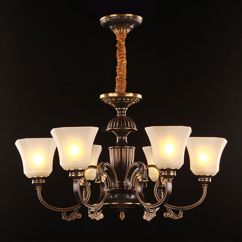 6 Lights Bell Hanging Chandelier Traditional Black and Gold White Frosted Glass Pendant Lamp Fixture Clearhalo 'Ceiling Lights' 'Chandeliers' 'Glass shade' 'Glass' Lighting' 315838