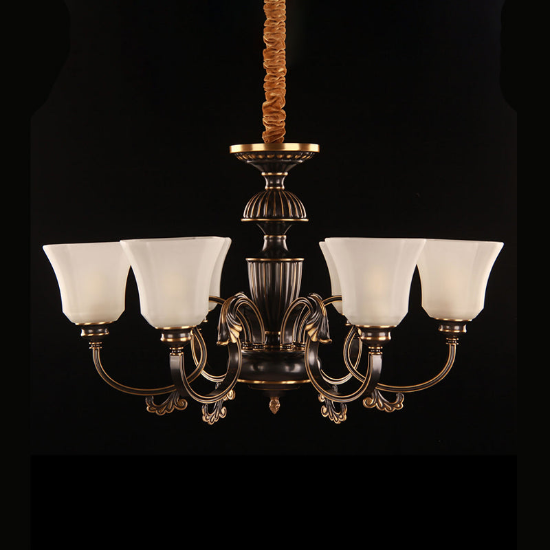 6 Lights Bell Hanging Chandelier Traditional Black and Gold White Frosted Glass Pendant Lamp Fixture Clearhalo 'Ceiling Lights' 'Chandeliers' 'Glass shade' 'Glass' Lighting' 315839