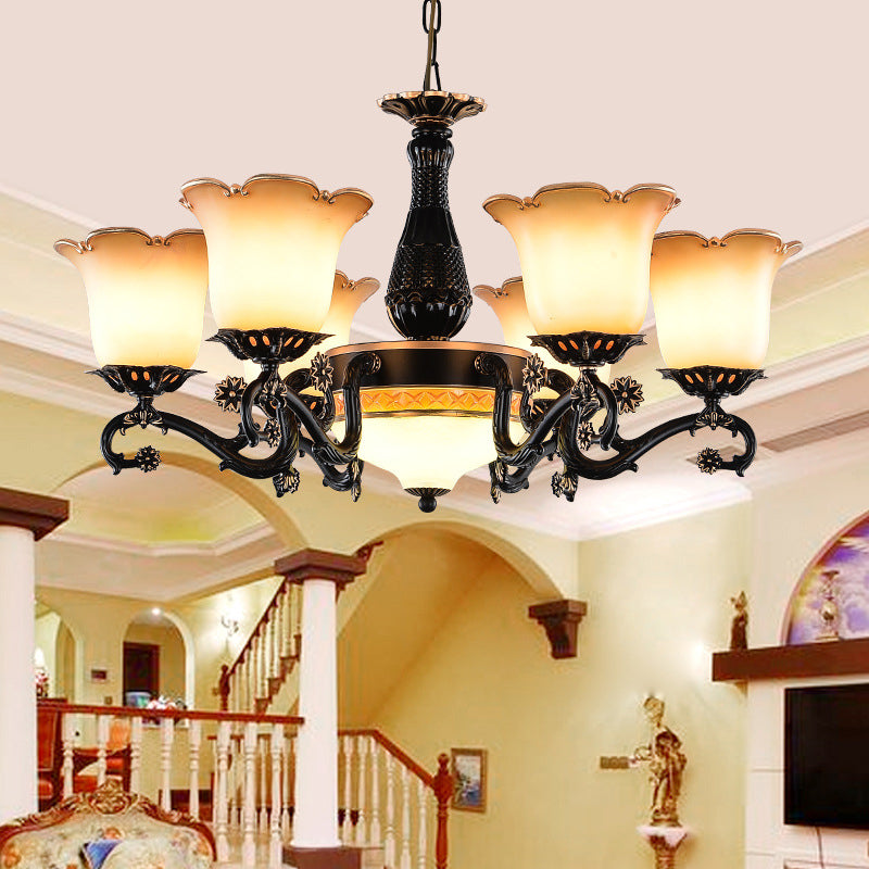 Traditional Floral Pendant Chandelier 4/6/7 Bulbs Opal Frosted Glass Hanging Light Kit in Black for Bedroom 7 Black Clearhalo 'Ceiling Lights' 'Chandeliers' 'Glass shade' 'Glass' Lighting' 315840