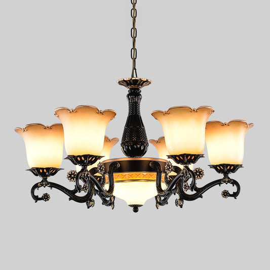 Traditional Floral Pendant Chandelier 4/6/7 Bulbs Opal Frosted Glass Hanging Light Kit in Black for Bedroom Clearhalo 'Ceiling Lights' 'Chandeliers' 'Glass shade' 'Glass' Lighting' 315842
