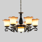 Traditional Floral Pendant Chandelier 4/6/7 Bulbs Opal Frosted Glass Hanging Light Kit in Black for Bedroom Clearhalo 'Ceiling Lights' 'Chandeliers' 'Glass shade' 'Glass' Lighting' 315842