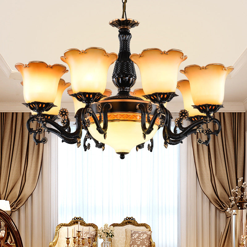 Traditional Floral Pendant Chandelier 4/6/7 Bulbs Opal Frosted Glass Hanging Light Kit in Black for Bedroom 9 Black Clearhalo 'Ceiling Lights' 'Chandeliers' 'Glass shade' 'Glass' Lighting' 315843