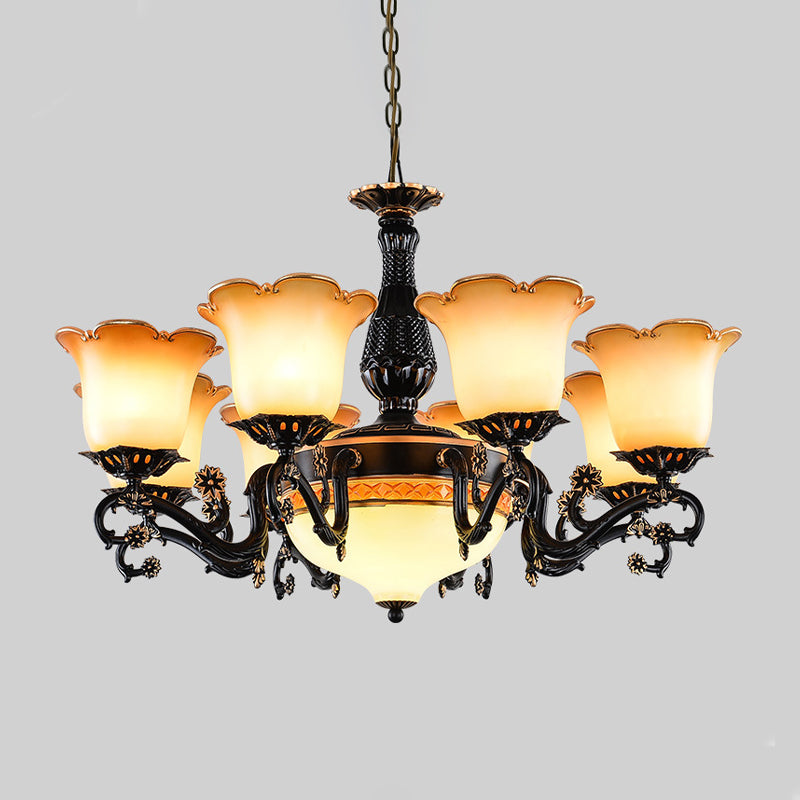Traditional Floral Pendant Chandelier 4/6/7 Bulbs Opal Frosted Glass Hanging Light Kit in Black for Bedroom Clearhalo 'Ceiling Lights' 'Chandeliers' 'Glass shade' 'Glass' Lighting' 315844