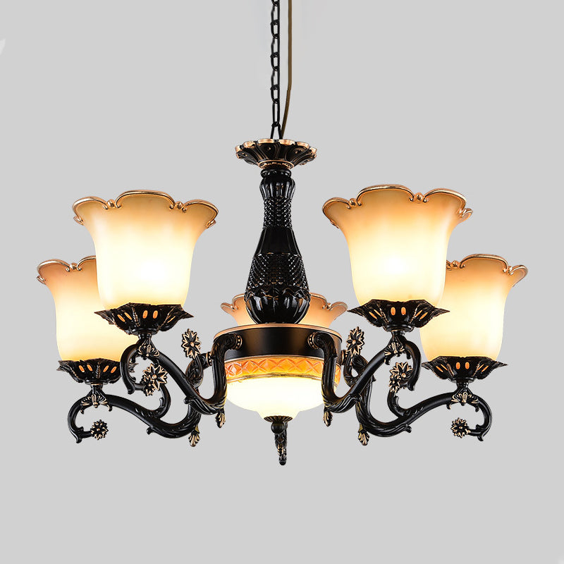 Traditional Floral Pendant Chandelier 4/6/7 Bulbs Opal Frosted Glass Hanging Light Kit in Black for Bedroom 6 Black Clearhalo 'Ceiling Lights' 'Chandeliers' 'Glass shade' 'Glass' Lighting' 315845
