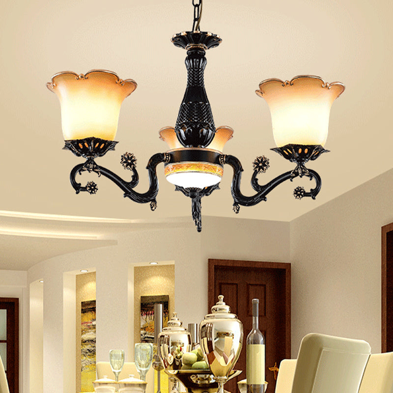 Traditional Floral Pendant Chandelier 4/6/7 Bulbs Opal Frosted Glass Hanging Light Kit in Black for Bedroom 4 Black Clearhalo 'Ceiling Lights' 'Chandeliers' 'Glass shade' 'Glass' Lighting' 315846