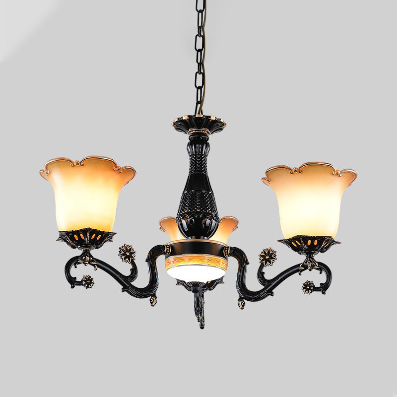 Traditional Floral Pendant Chandelier 4/6/7 Bulbs Opal Frosted Glass Hanging Light Kit in Black for Bedroom Clearhalo 'Ceiling Lights' 'Chandeliers' 'Glass shade' 'Glass' Lighting' 315847