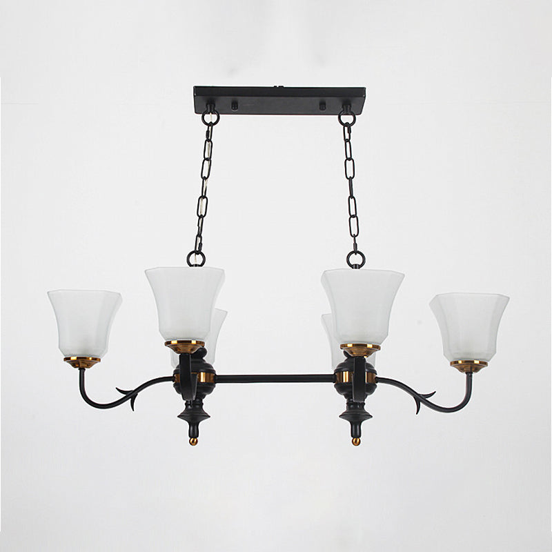 6 Lights Island Lighting Traditional Bell White Glass Pendant Ceiling Lamp Fixture in Black for Dining Room Clearhalo 'Ceiling Lights' 'Close To Ceiling Lights' 'Glass shade' 'Glass' 'Island Lights' Lighting' 315857