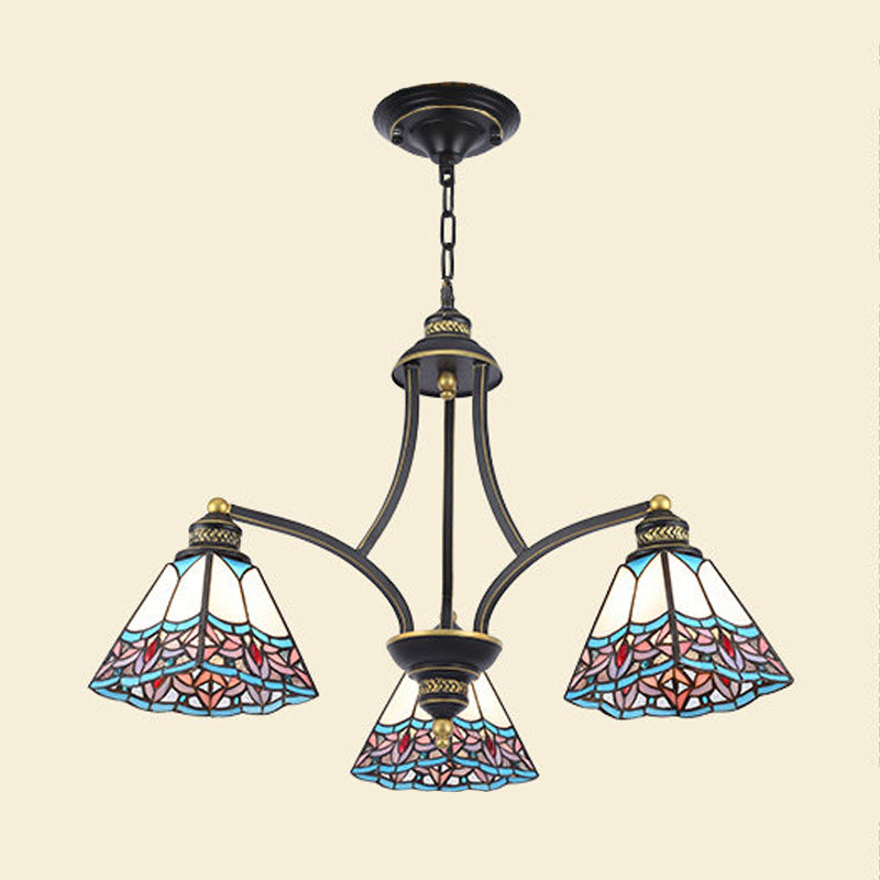 Pyramid Chandelier Lighting Mediterranean Stained Glass 3/6/8 Lights Pink and Blue/Blue and Orange Hanging Ceiling Light for Living Room 3 Pink-Blue Clearhalo 'Ceiling Lights' 'Chandeliers' 'Industrial' 'Middle Century Chandeliers' 'Tiffany Chandeliers' 'Tiffany close to ceiling' 'Tiffany' Lighting' 315867