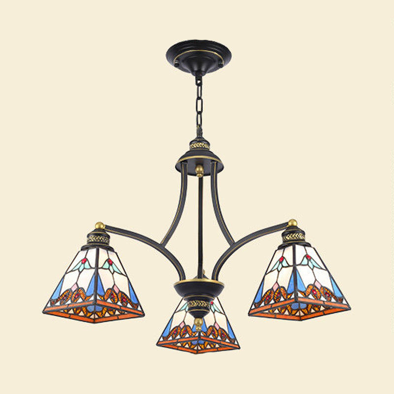 Pyramid Chandelier Lighting Mediterranean Stained Glass 3/6/8 Lights Pink and Blue/Blue and Orange Hanging Ceiling Light for Living Room 3 Blue-Orange Clearhalo 'Ceiling Lights' 'Chandeliers' 'Industrial' 'Middle Century Chandeliers' 'Tiffany Chandeliers' 'Tiffany close to ceiling' 'Tiffany' Lighting' 315871