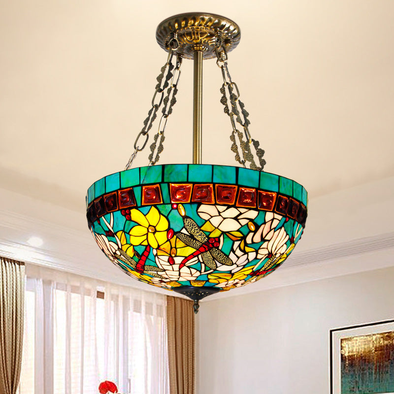 Blue Dragonfly Ceiling Mount Tiffany 3 Heads Handcrafted Art Glass Semi Flush Light Blue Clearhalo 'Ceiling Lights' 'Close To Ceiling Lights' 'Close to ceiling' 'Glass shade' 'Glass' 'Semi-flushmount' 'Tiffany close to ceiling' 'Tiffany' Lighting' 315883