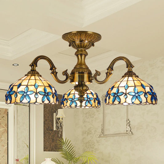 Blue 3 Heads Ceiling Mount Mediterranean Hand Cut Glass Bowl Semi Flush Light Fixture Blue Clearhalo 'Ceiling Lights' 'Close To Ceiling Lights' 'Close to ceiling' 'Glass shade' 'Glass' 'Semi-flushmount' 'Tiffany close to ceiling' 'Tiffany' Lighting' 315889