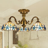 Blue 3 Heads Ceiling Mount Mediterranean Hand Cut Glass Bowl Semi Flush Light Fixture Blue Clearhalo 'Ceiling Lights' 'Close To Ceiling Lights' 'Close to ceiling' 'Glass shade' 'Glass' 'Semi-flushmount' 'Tiffany close to ceiling' 'Tiffany' Lighting' 315889