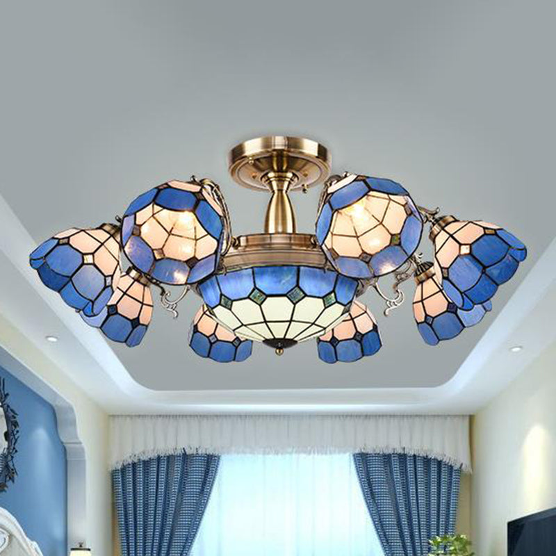 Grid Patterned Ceiling Light Handcrafted Art Glass 3/5/11 Heads Blue Semi Flush Mount Light Fixture 11 Blue Clearhalo 'Ceiling Lights' 'Close To Ceiling Lights' 'Close to ceiling' 'Glass shade' 'Glass' 'Semi-flushmount' 'Tiffany close to ceiling' 'Tiffany' Lighting' 315893