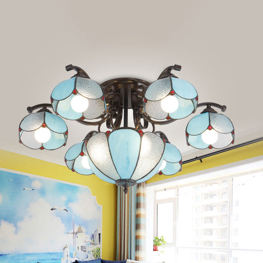 9 Heads Scalloped Ceiling Lighting Tiffany Gray/White/Blue Handcrafted Art Glass Semi Flush Light Fixture Blue Clearhalo 'Ceiling Lights' 'Close To Ceiling Lights' 'Close to ceiling' 'Glass shade' 'Glass' 'Semi-flushmount' 'Tiffany close to ceiling' 'Tiffany' Lighting' 315911