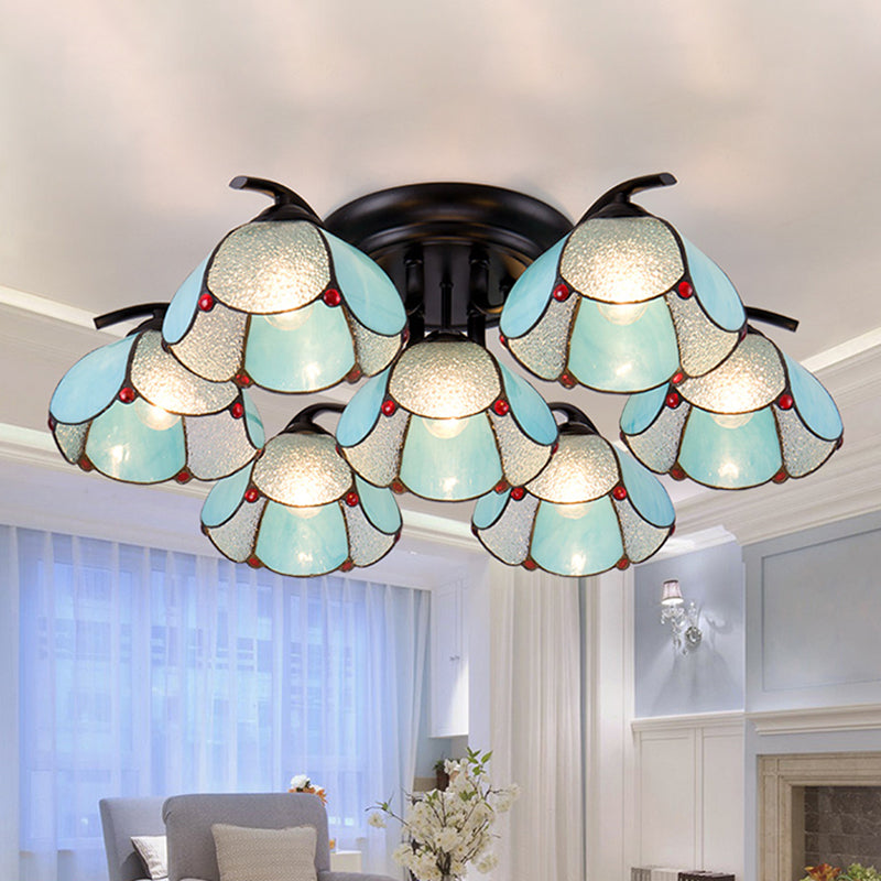 Scalloped Stained Glass Ceiling Light Fixture Tiffany 3/7/8 Heads Blue Semi Flush Mount Lighting 7 Blue Clearhalo 'Ceiling Lights' 'Close To Ceiling Lights' 'Close to ceiling' 'Flush mount' Lighting' 315918