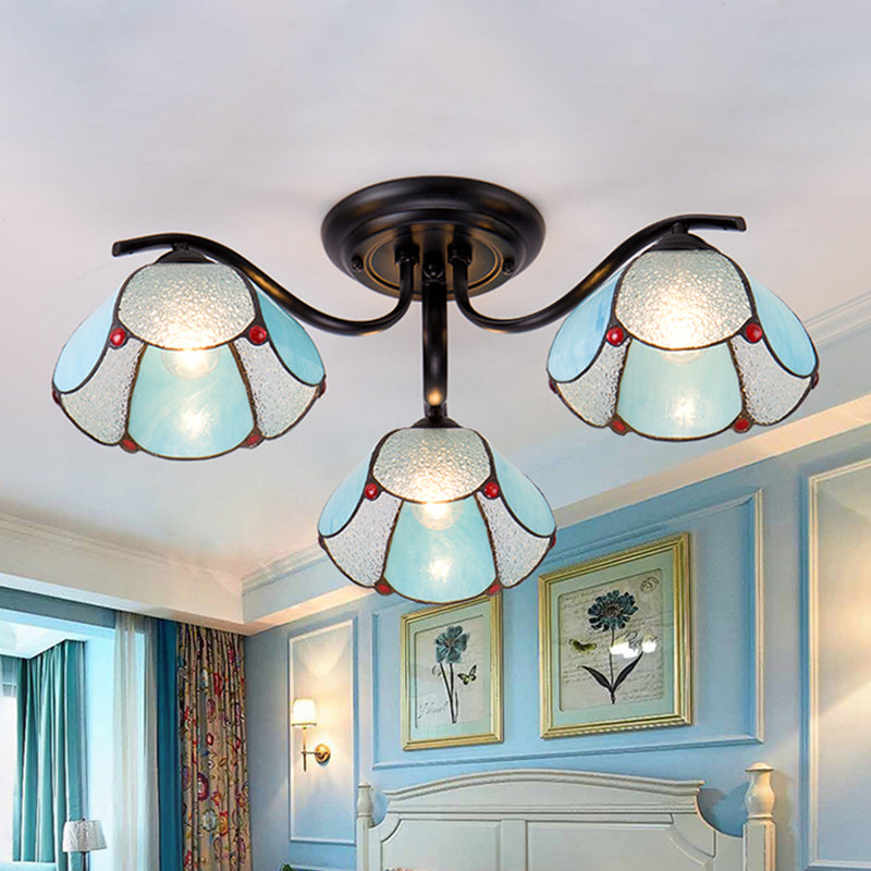 Scalloped Stained Glass Ceiling Light Fixture Tiffany 3/7/8 Heads Blue Semi Flush Mount Lighting 3 Blue Clearhalo 'Ceiling Lights' 'Close To Ceiling Lights' 'Close to ceiling' 'Flush mount' Lighting' 315919