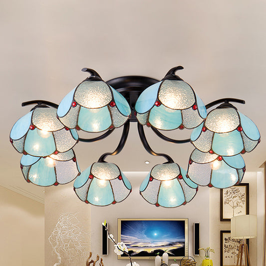 Scalloped Stained Glass Ceiling Light Fixture Tiffany 3/7/8 Heads Blue Semi Flush Mount Lighting 8 Blue Clearhalo 'Ceiling Lights' 'Close To Ceiling Lights' 'Close to ceiling' 'Flush mount' Lighting' 315920