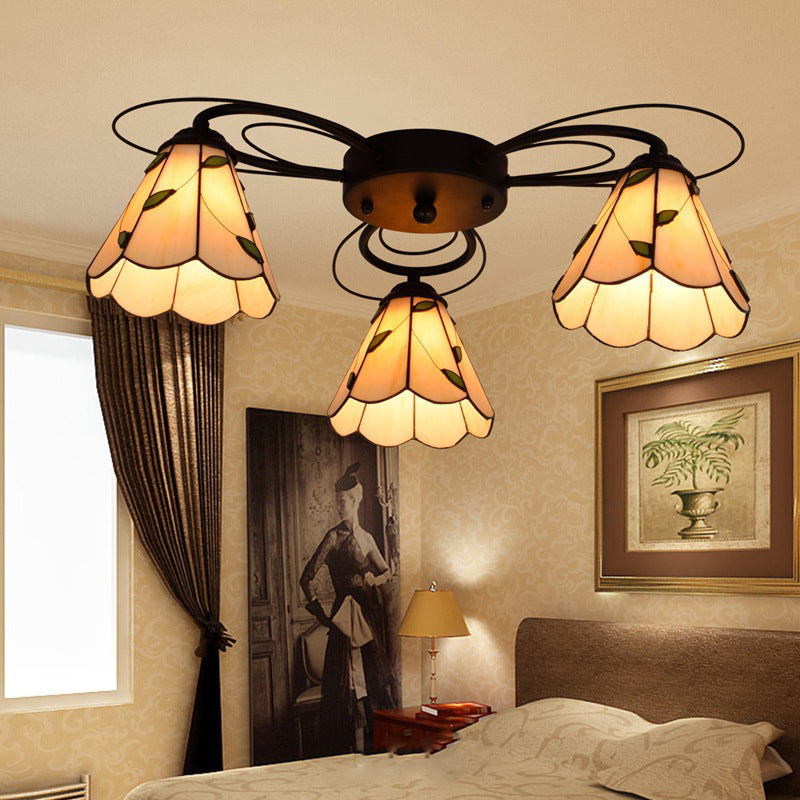 Cone Stained Glass Semi Flush Mount Mediterranean 3/7/9 Heads Yellow/Blue Ceiling Light Fixture 3 Yellow Clearhalo 'Ceiling Lights' 'Close To Ceiling Lights' 'Close to ceiling' 'Glass shade' 'Glass' 'Semi-flushmount' 'Tiffany close to ceiling' 'Tiffany' Lighting' 315930