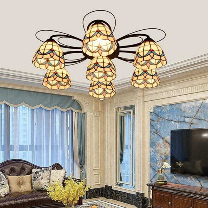 Stained Glass Yellow Ceiling Mounted Light Bowl 3/7/9 Heads Tiffany Semi Flush Light Fixture 7 Yellow Clearhalo 'Ceiling Lights' 'Close To Ceiling Lights' 'Close to ceiling' 'Flush mount' Lighting' 315935