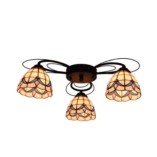 Stained Glass Yellow Ceiling Mounted Light Bowl 3/7/9 Heads Tiffany Semi Flush Light Fixture 3 Yellow Clearhalo 'Ceiling Lights' 'Close To Ceiling Lights' 'Close to ceiling' 'Flush mount' Lighting' 315936