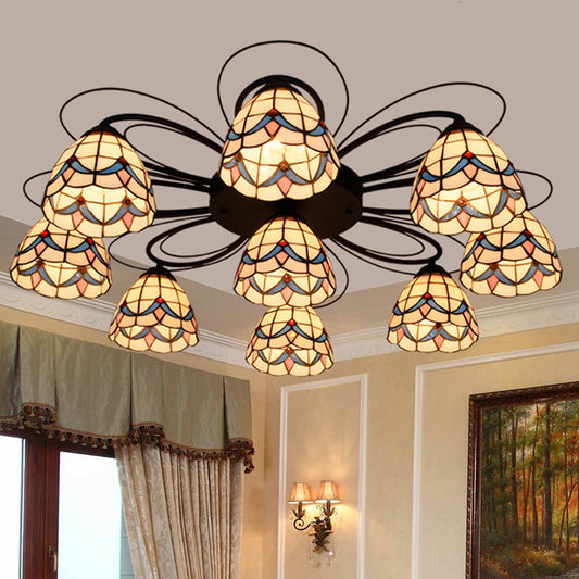 Stained Glass Yellow Ceiling Mounted Light Bowl 3/7/9 Heads Tiffany Semi Flush Light Fixture 9 Yellow Clearhalo 'Ceiling Lights' 'Close To Ceiling Lights' 'Close to ceiling' 'Flush mount' Lighting' 315937