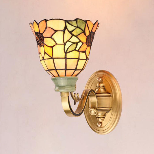 1 Light Wall Mounted Lamp Tiffany Style Cone/Bowl/Flower Cut Glass Sconce Light in Beige/Yellow/Orange for Bedroom Yellow Clearhalo 'Industrial' 'Middle century wall lights' 'Tiffany wall lights' 'Tiffany' 'Wall Lamps & Sconces' 'Wall Lights' Lighting' 316039