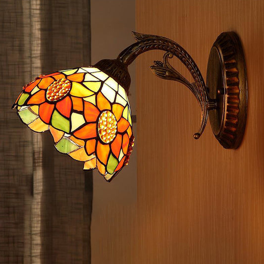 1 Light Wall Mounted Lighting Baroque Stylish Dome Stained Art Glass Sconce in Red/Yellow/Blue for Living Room Red Clearhalo 'Industrial' 'Middle century wall lights' 'Tiffany wall lights' 'Tiffany' 'Wall Lamps & Sconces' 'Wall Lights' Lighting' 316105