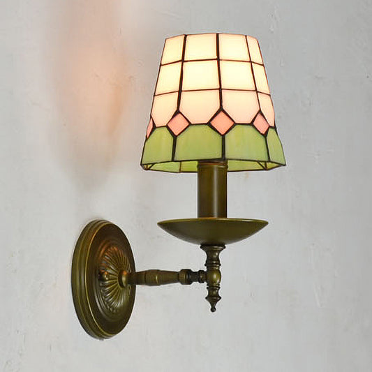 Tiffany Grid Patterned Wall Lighting Fixture 1 Light Hand Cut Glass Sconce Light in Orange/Blue/Green Green Clearhalo 'Industrial' 'Middle century wall lights' 'Tiffany wall lights' 'Tiffany' 'Wall Lamps & Sconces' 'Wall Lights' Lighting' 316135