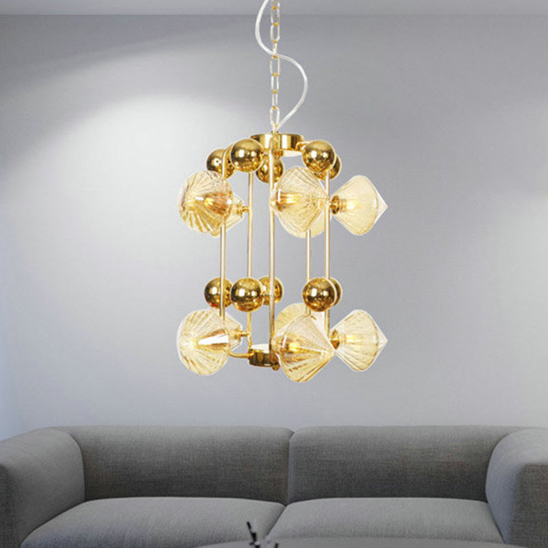 Tapered Hanging Chandelier Contemporary Amber Glass 10 Heads Living Room Ceiling Pendant Light Amber Clearhalo 'Ceiling Lights' 'Chandeliers' 'Glass shade' 'Glass' 'Modern Chandeliers' 'Modern' Lighting' 316165