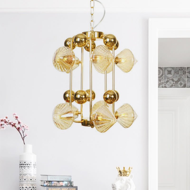 Tapered Hanging Chandelier Contemporary Amber Glass 10 Heads Living Room Ceiling Pendant Light Clearhalo 'Ceiling Lights' 'Chandeliers' 'Glass shade' 'Glass' 'Modern Chandeliers' 'Modern' Lighting' 316166