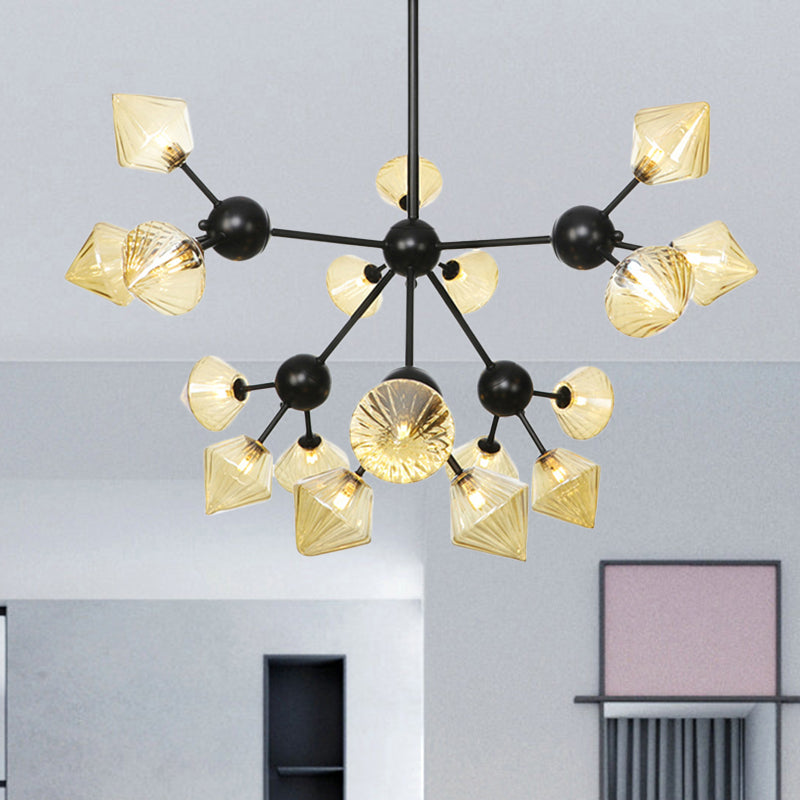 18 Heads Diamond Chandelier Lamp Modernism Amber Glass Hanging Pendant Light in Black Amber Clearhalo 'Ceiling Lights' 'Chandeliers' 'Glass shade' 'Glass' 'Modern Chandeliers' 'Modern' Lighting' 316170