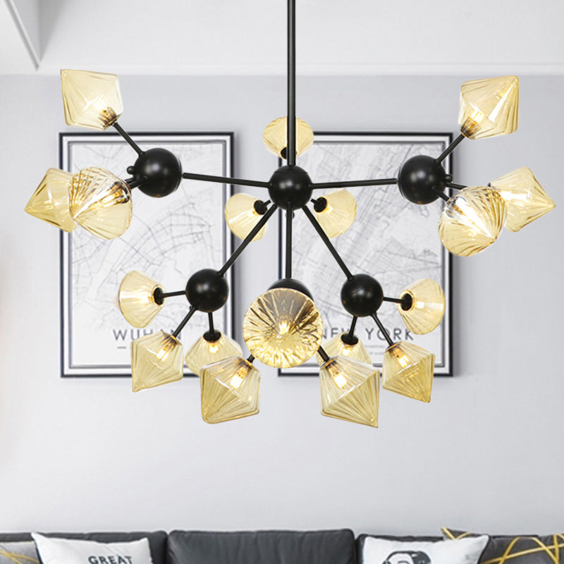 18 Heads Diamond Chandelier Lamp Modernism Amber Glass Hanging Pendant Light in Black Clearhalo 'Ceiling Lights' 'Chandeliers' 'Glass shade' 'Glass' 'Modern Chandeliers' 'Modern' Lighting' 316171