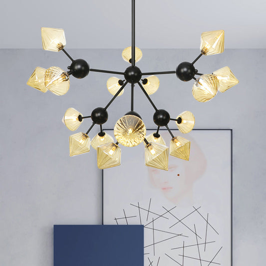 18 Heads Diamond Chandelier Lamp Modernism Amber Glass Hanging Pendant Light in Black Clearhalo 'Ceiling Lights' 'Chandeliers' 'Glass shade' 'Glass' 'Modern Chandeliers' 'Modern' Lighting' 316172