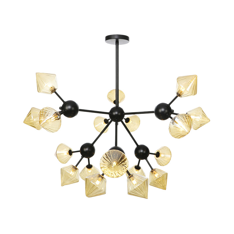 18 Heads Diamond Chandelier Lamp Modernism Amber Glass Hanging Pendant Light in Black Clearhalo 'Ceiling Lights' 'Chandeliers' 'Glass shade' 'Glass' 'Modern Chandeliers' 'Modern' Lighting' 316173