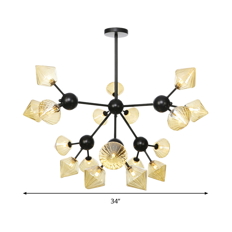 18 Heads Diamond Chandelier Lamp Modernism Amber Glass Hanging Pendant Light in Black Clearhalo 'Ceiling Lights' 'Chandeliers' 'Glass shade' 'Glass' 'Modern Chandeliers' 'Modern' Lighting' 316174