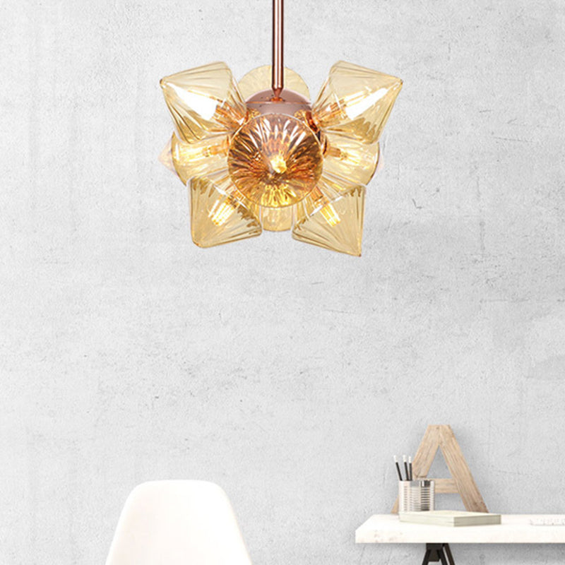 Pyramid Living Room Chandelier Lamp Amber Glass 9/12 Bulbs Modern Pendant Lighting Fixture 12 Amber Clearhalo 'Ceiling Lights' 'Chandeliers' 'Close To Ceiling Lights' 'Glass shade' 'Glass' 'Modern Chandeliers' 'Modern' Lighting' 316180