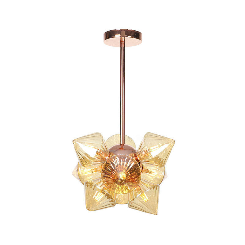 Pyramid Living Room Chandelier Lamp Amber Glass 9/12 Bulbs Modern Pendant Lighting Fixture Clearhalo 'Ceiling Lights' 'Chandeliers' 'Close To Ceiling Lights' 'Glass shade' 'Glass' 'Modern Chandeliers' 'Modern' Lighting' 316183