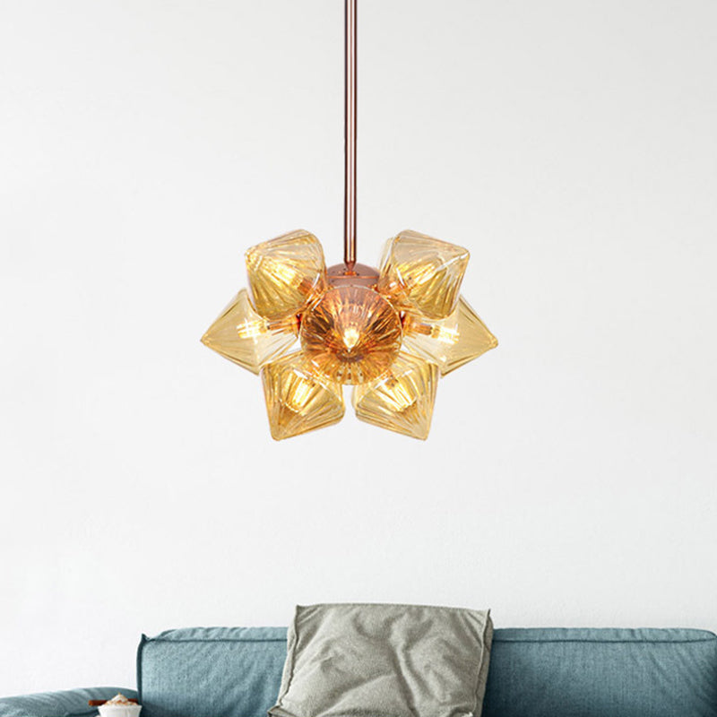 Pyramid Living Room Chandelier Lamp Amber Glass 9/12 Bulbs Modern Pendant Lighting Fixture 9 Amber Clearhalo 'Ceiling Lights' 'Chandeliers' 'Close To Ceiling Lights' 'Glass shade' 'Glass' 'Modern Chandeliers' 'Modern' Lighting' 316185