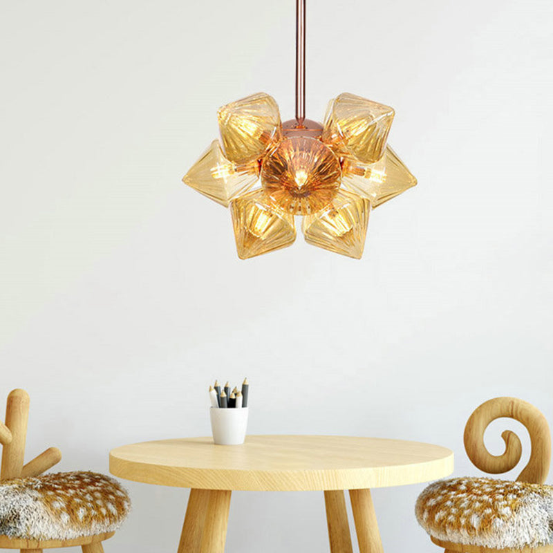 Pyramid Living Room Chandelier Lamp Amber Glass 9/12 Bulbs Modern Pendant Lighting Fixture Clearhalo 'Ceiling Lights' 'Chandeliers' 'Close To Ceiling Lights' 'Glass shade' 'Glass' 'Modern Chandeliers' 'Modern' Lighting' 316186