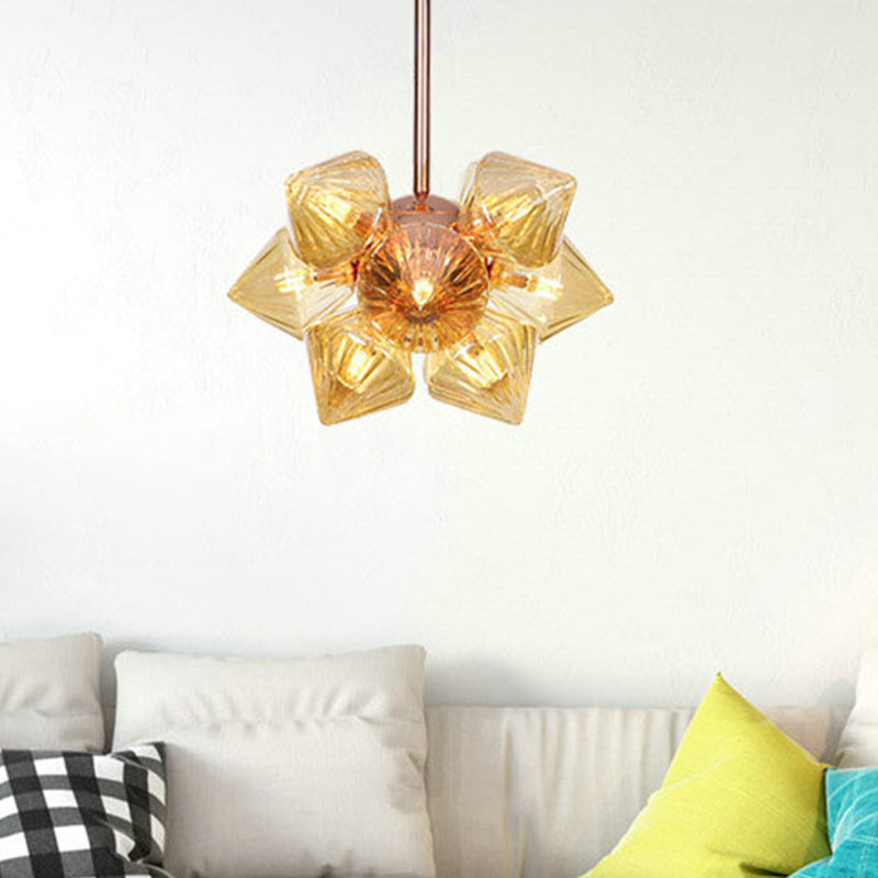 Pyramid Living Room Chandelier Lamp Amber Glass 9/12 Bulbs Modern Pendant Lighting Fixture Clearhalo 'Ceiling Lights' 'Chandeliers' 'Close To Ceiling Lights' 'Glass shade' 'Glass' 'Modern Chandeliers' 'Modern' Lighting' 316187