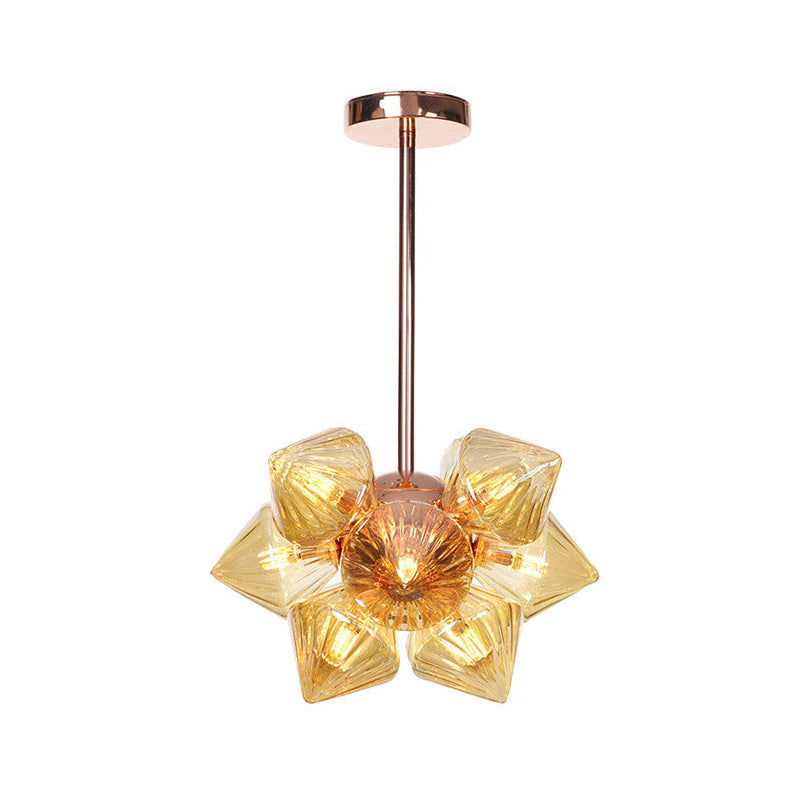 Pyramid Living Room Chandelier Lamp Amber Glass 9/12 Bulbs Modern Pendant Lighting Fixture Clearhalo 'Ceiling Lights' 'Chandeliers' 'Close To Ceiling Lights' 'Glass shade' 'Glass' 'Modern Chandeliers' 'Modern' Lighting' 316188