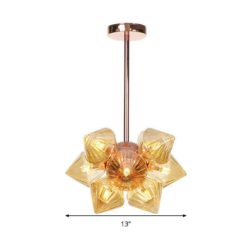 Pyramid Living Room Chandelier Lamp Amber Glass 9/12 Bulbs Modern Pendant Lighting Fixture Clearhalo 'Ceiling Lights' 'Chandeliers' 'Close To Ceiling Lights' 'Glass shade' 'Glass' 'Modern Chandeliers' 'Modern' Lighting' 316189