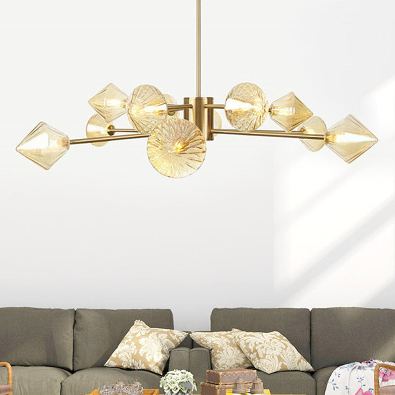 Diamond Chandelier Light Modern Amber Glass 12 Heads Bedroom Suspended Lighting Fixture Amber Clearhalo 'Ceiling Lights' 'Chandeliers' 'Glass shade' 'Glass' 'Modern Chandeliers' 'Modern' Lighting' 316190