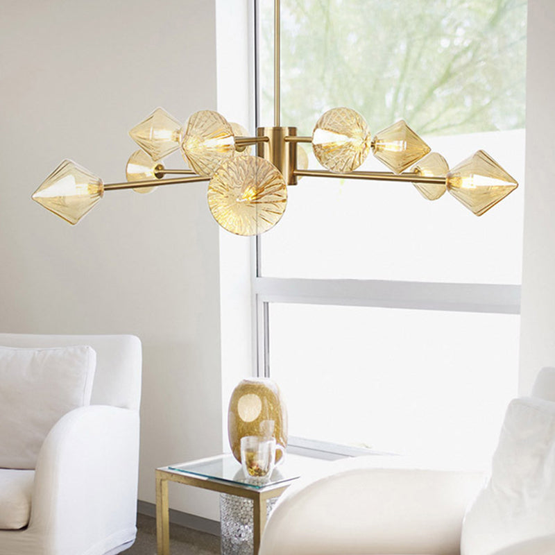 Diamond Chandelier Light Modern Amber Glass 12 Heads Bedroom Suspended Lighting Fixture Clearhalo 'Ceiling Lights' 'Chandeliers' 'Glass shade' 'Glass' 'Modern Chandeliers' 'Modern' Lighting' 316191