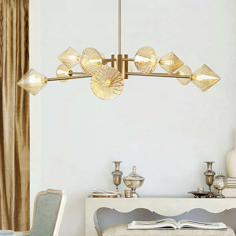 Diamond Chandelier Light Modern Amber Glass 12 Heads Bedroom Suspended Lighting Fixture Clearhalo 'Ceiling Lights' 'Chandeliers' 'Glass shade' 'Glass' 'Modern Chandeliers' 'Modern' Lighting' 316192